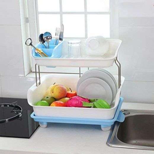 Generic Premium 2-Tier Plastic Dish Rack with Drainboard and Utensil Holder - Heavy Duty Colored Kitchen Storage and Organization Countertop Drainer - Durable Rust-Proof Compact Plate and Bowl Drying Rac