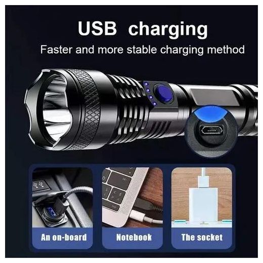 Generic Super Bright USB Rechargeable LED Torch Flashlight Outdoor Flashlight Portable Built-in Battery Power Torch lamp Camping Lantern - image 3