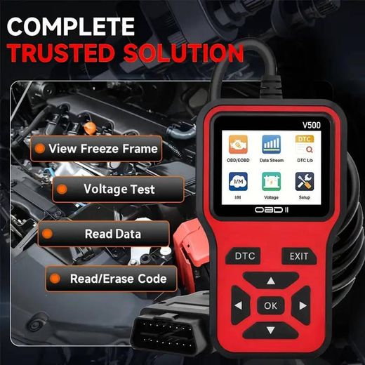 Generic V500 OBD2/EOBD car diagnostic scanner used to read fault codes, monitor live data streams, and test battery voltage - image 2