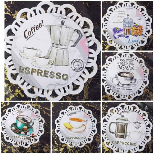 Generic Decorative Wooden Coffee Place Mats – Pack of 2 Laser-Cut Round Table Mats, Heat-Resistant Wood Trivet Coasters with Coffee Pot & Espresso Print for Kitchen and Dining Tables