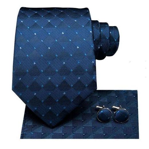 Fashion Navy Blue With Blue Polkadots Necktie With Pocket Square And Cufflinks Set - image 2