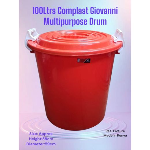 Complast 1pc Giovanni Multipurpose Drum – 100 Litres ideal for storing water, grains, animal feed, or other bulk items. Its large 100-litre capacity makes it suitable for both domestic and commercial use, while the sturdy design ensures long-lasting performance.