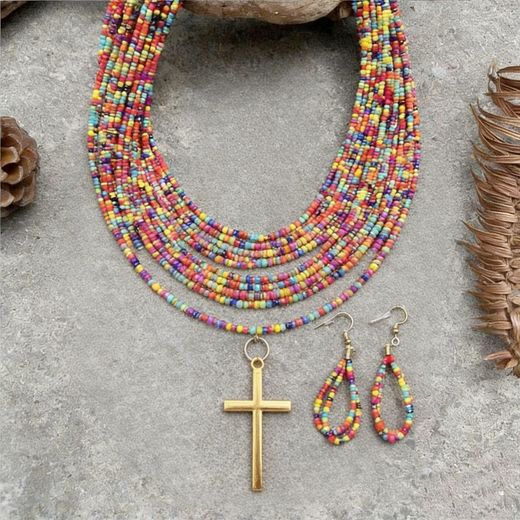  2pcs Cross Multicolor Jewelry Set Multi-layer Cross Chain Beaded Necklace + Earrings + Statement Bohemian Style For Women  Stock Clearance -