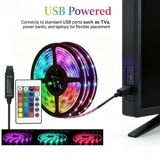 Generic RGB LED Strip Light 3m, USB Powered 5050 Flexible TV Backlight with Remote - image 4
