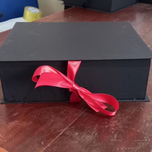 Elegant 11x9x3.5 Inch Black Gift Box with Shredded Paper & Red Permanent Ribbon - Flip to Open