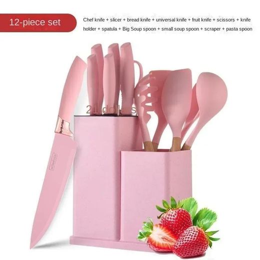 Generic 19pcs Heat Resistant Silicone Kitchen Accessories With Wood Handle And Cuttings Board Storage Bucket Kitchen Gadget Set.Pink Color. - image 3