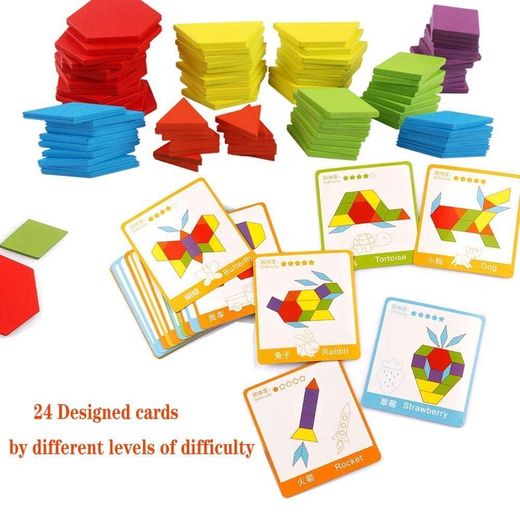 Generic BLiSS HUES® 155-Piece Wooden Pattern Blocks Set – Geometric Shape Puzzle with 24 Design Cards – Educational Tangram & STEM Toy for Early Childhood Development - image 2