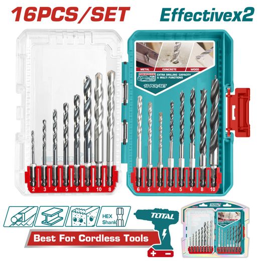 TOTAL 16 Pcs Metal, Masonry and Wood Drill Bits Set (TACSDL11608) - Finish Jobs Faster