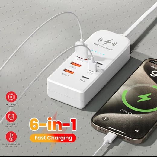 Generic 6 in 1 USB Charger PD Type C Fast Charging Wall Charger Multiport USB TypeC Hub Adapter EU Plug Quick Rock Charger Expander Socket USB-A & PD Multi-Port Charging Station - image 2