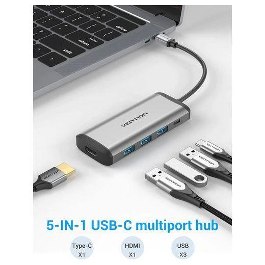 Vention USB C Multi-function 5 In 1 Docking Station Type-C To HDMI/USB3.0*3/PD Converter(CNBHB) - image 2