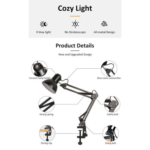 Generic Black Adjustable Study Lamp with E27 Socket – Swing Arm Desk Light for Students, Teachers & Home Learning - image 4