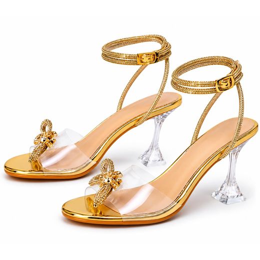 Women's Rhinestone Bow Strappy Sandals – Gold Clear Heel