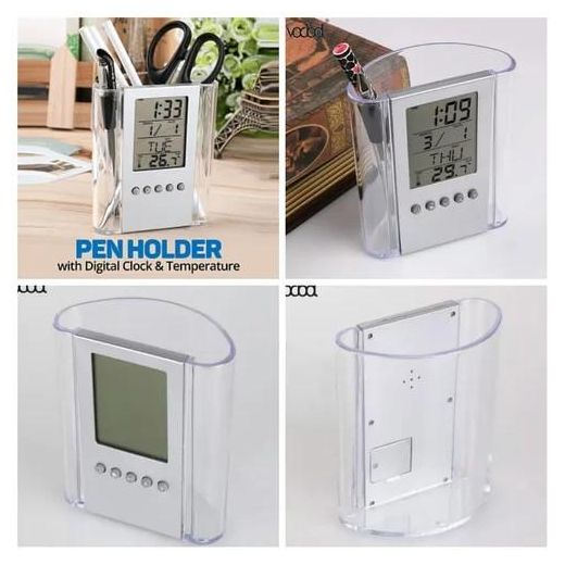 Generic Multi-functional Clock Pencil Holder Digital Alarm Clock Temperature Display Pen Holder Stationery Desk Organizer Decor