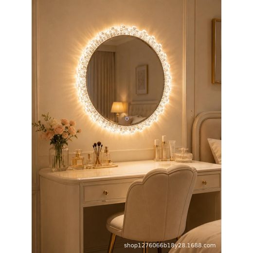 Generic Sunflower Border Smart Bathroom Mirror Wall-Mounted Light Luxury Modern Hotel Bathroom Vanity Makeup Round Mirror 50cm - image 3