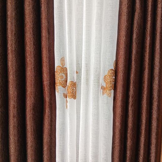 Generic 2Pcs Heavy Blackout Brown Patterned Curtain and Eyelet Header (1.5M Each) with Matching Embroidered White Heavy Sheer with Rod Pocket Header (2M) - image 2