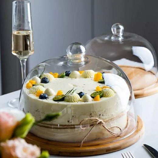 Bamboo Cake Stand with Clear  GLASS COVER