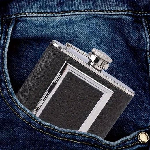 Generic Hip Flask Cigarette Case 2-in-1 Stainless Steel 304 Whiskey Flask Cigarette Holder PU Leather Dual Compartment 6 Cigs 5.4in Outdoor Camping Hiking Picnic Funnel - image 3