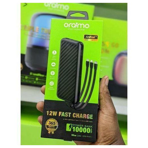 Generic Oraimo OPB-P5101 Slice Link 10,000mAh 12W Fast Charge 3 in 1 Portable Power Bank with Built-in Lightning & Type-C & Micro USB Cable