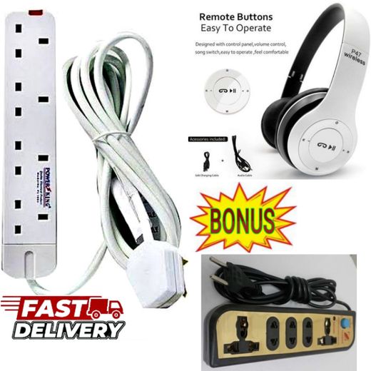 Power King Best 4 Way Power Extension With Long Cable + VALUE GIFTS Bluetooth Wireless Headphones, 5 Way Extension 