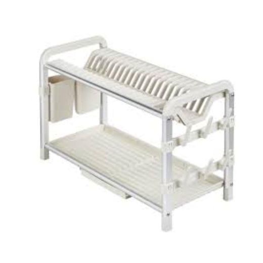 Generic 2 Tier Rust proof Aluminium Drying Rack with Drainer Board with Utensils & Cup Holder - image 2