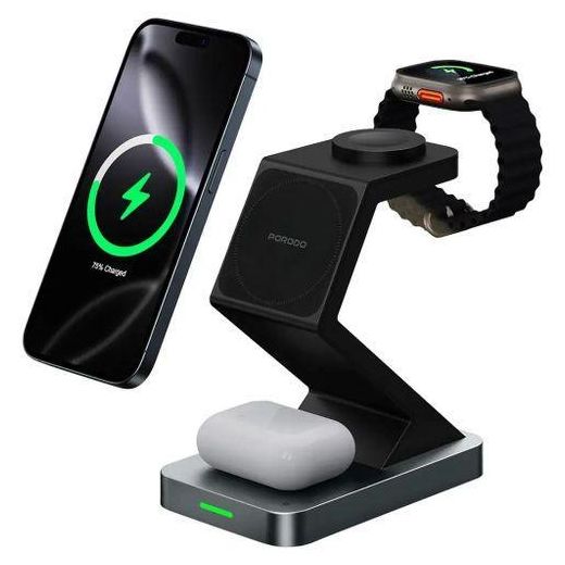 Porodo 4-In-1 Powerdock Wireless Charging Station with 360° Adjustable Viewing Qi Fast Charging Phone, Airpods/earbuds and Smartwatch