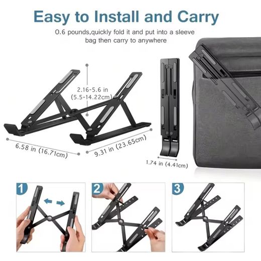 Generic Metallic Laptop Portable Desktop Laptop PHONE TABLET Holder Riser For Desk And Bed, 6-Levels Angles Adjustable Height Notebook Mount, ABS/Plastic& Containing Metals Stable PC Riser For Laptops & Tablets - Black - image 2