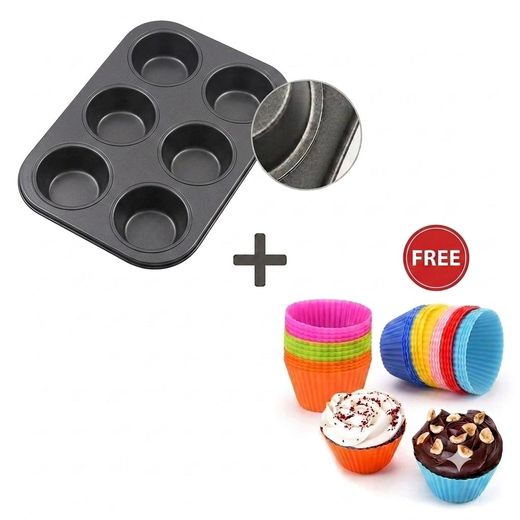 Generic 2 in 1 BAKING SET!!! 6-Cup Non-Stick Muffin & Cupcake Baking Tray + (FREE 12pcs silicone reusable cupcakes mould)