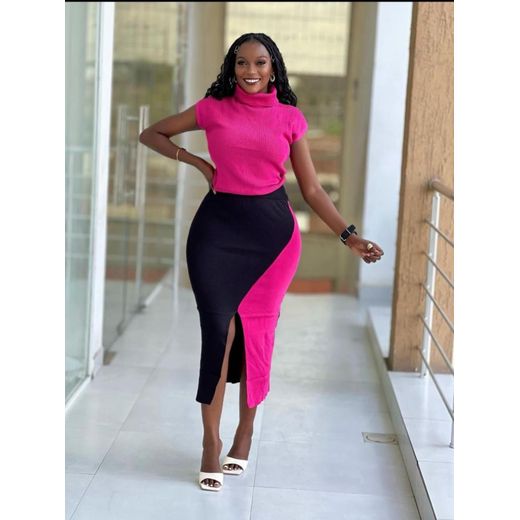 Ladies Two Piece Sweater Skirt Set- Sweater Set Pink Black