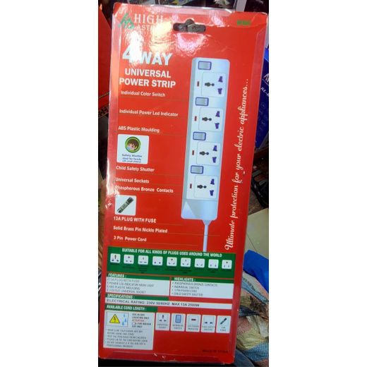 HIGH ASTRA 4-Way Extension Cable- With 4 Universal Outlets+ 2 USB + 1 Type-C, Surge Protected, Safety Shutter, Color Switches, 2500W Max - image 3