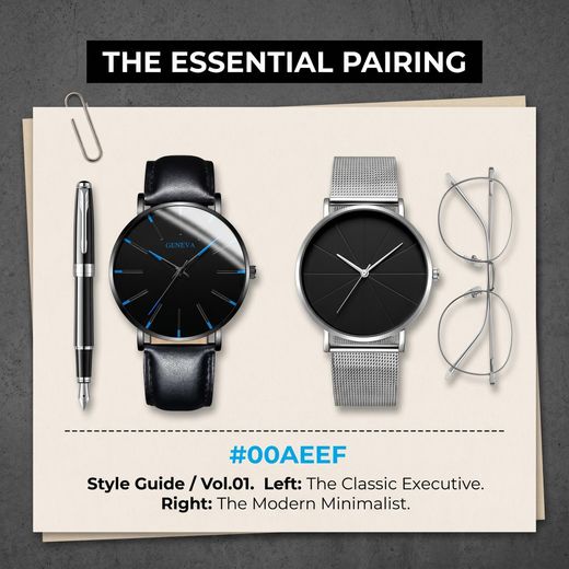 Fashion Men's 2-Piece Geneva Minimalist Watch Set - Leather Strap + Mesh Strap Business Casual Watches - image 4