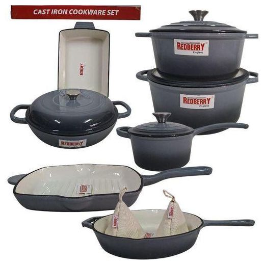 Redberry 13Pieces Enameled and Nonstick Cast Iron Cookware Set, Casserole with lids, Dutch Oven, Frying Pan, Skillet and Baking pan-Grey