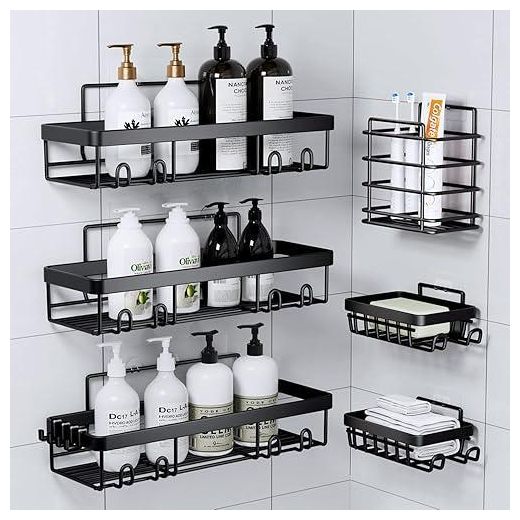 Generic 6-Piece Rustproof Bathroom Shower Caddy Organizer Set - Wall-Mounted Rack with Hooks & Shelves