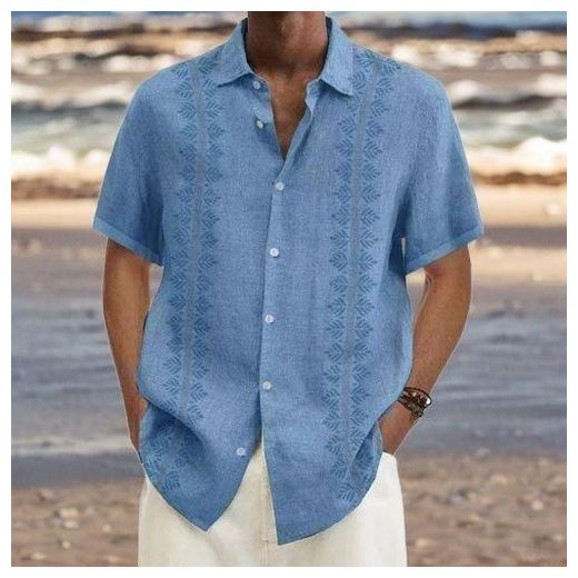 Fashion Men's Hawaiian Casual Geometric Pattern Short Sleeve Shirt Button Down Beach Top Blue