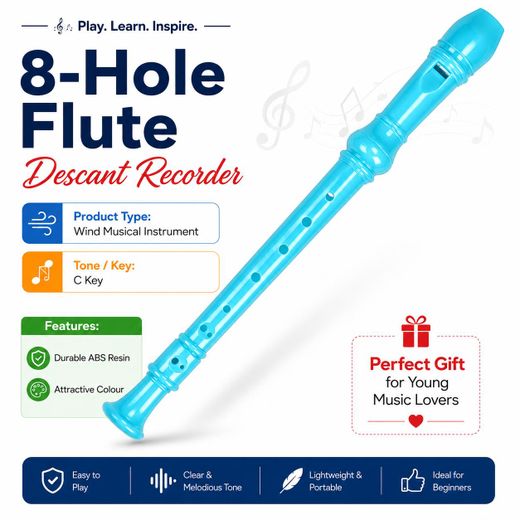 8-Hole Descant Recorder Transparent Flute Clarinet – German Style C Key Wind Musical Instrument for Beginners & Students - Light Blue