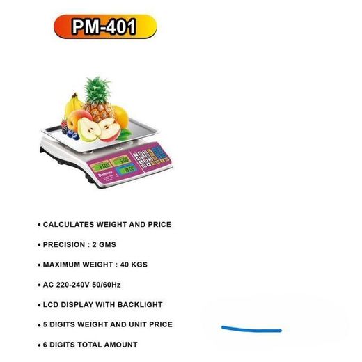 Authentic  PM-401 is a digital electronic price computing scale with a 40kg maximum capacity, dual LCD display, rechargeable battery, and memory for storing up to 7 unit prices20