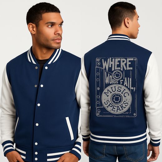 Fashion Men's Printed College Jacket/ Men’s Retro Varsity Jacket – Navy Blue & White with “Where Words Fail, Music Speaks” Back Print