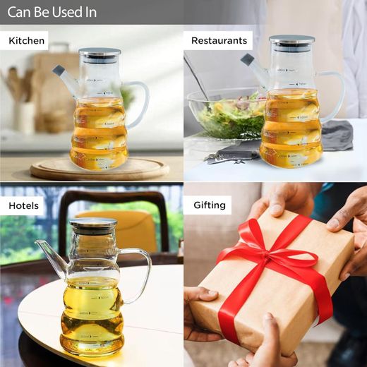 Generic 650ml Borosilicate Glass Oil Dispenser Cruet with Handle – Leak-Proof Olive Oil Bottle, Vinegar and Sauce Pourer Pot with Bamboo Lid for Kitchen Table