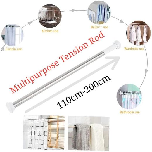 Generic 110-200cm Adjustable Stainless Steel Tension Rod - Multipurpose Retractable Clothes Hanger & Shower Curtain Rod - No-Drill Telescopic Wardrobe Organizer & Kitchen Hanging Pole - image 3
