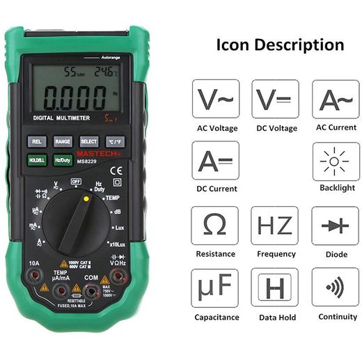 Mastech MS8229 Auto Range Multimeter & Temperature Humidity Light Lux Sound Level Meter Tester 5 In 1 With Back Light - image 2