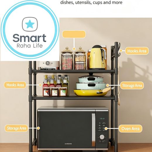Smartraha life Two Tier Multi-functional Adjustable Microwave Shelf Rack with Hooks – Space-Saving Counter top Storage Black - image 3