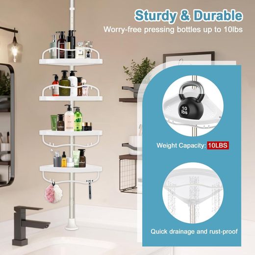 Generic Adjustable Floor-to-Ceiling Stainless Steel Tension Pole Caddy with Towel Bar & Hanging Hooks - image 3