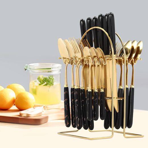 Generic 24PCs Marble & High Quality Cutlery Set with Stand for Luxury Dining - image 2