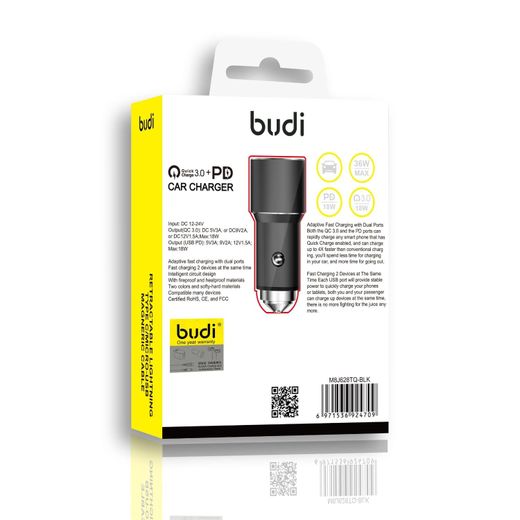 Budi Super Fast car Charger with Type C Charging Port 36W PD 18W Quick Charge 3.0 Compatible with iPhone/Samsung/MI/Oppo/Vivo/Tablets,Black - image 3