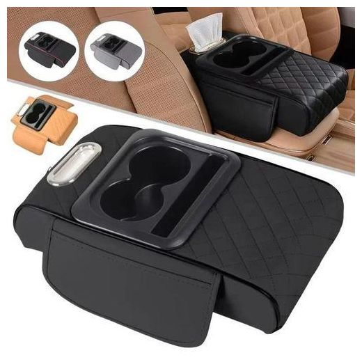 Generic Universal Front Car Armrest Storage Box with Protective Leather Pad Central Elbow Booster Cushion Water Cup Drink Holder - image 2