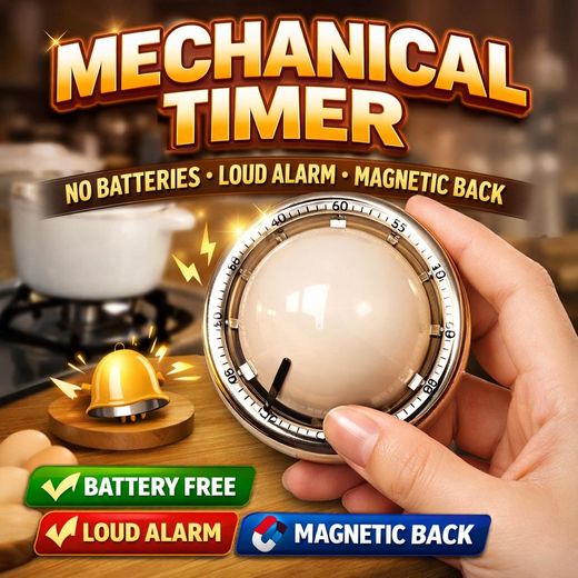 Generic Battery - Free Mechanical Timer with Magnetic Back – Loud Alarm, Stylish Design, Multi-Purpose Use - White