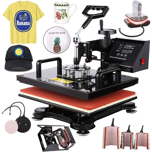 8-in-1 Black Metallic Heat Press Machine - 12" x 15" Digital Sublimation for T-Shirts, Mugs, Caps