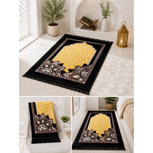 Generic Premium Luxury Velvet Islamic Prayer Mat – Soft Muslim Prayer Rug with Elegant Floral Design (Black & Gold) - image 2