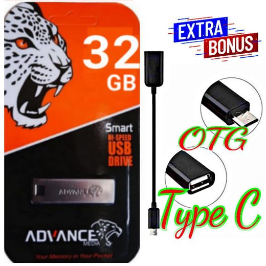 Advance Compact 32GB Metal USB Flash Drive for Photos & Memories & OTG CABLE TYPE C 