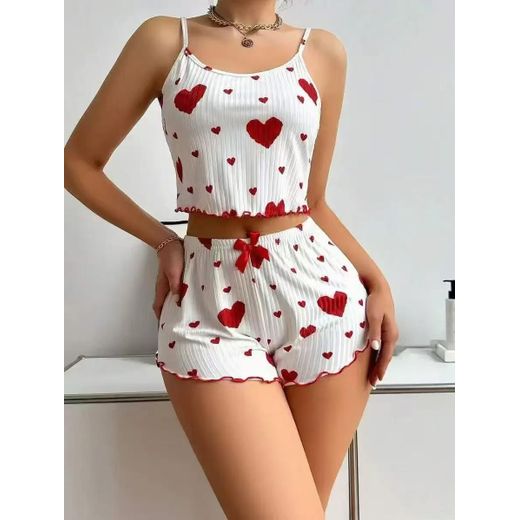 Summer Sleepwear Women Heart Print Relaxed Fit Pajama Set Round Neck Backless Crop Cami Top and Shorts Set Loungewear