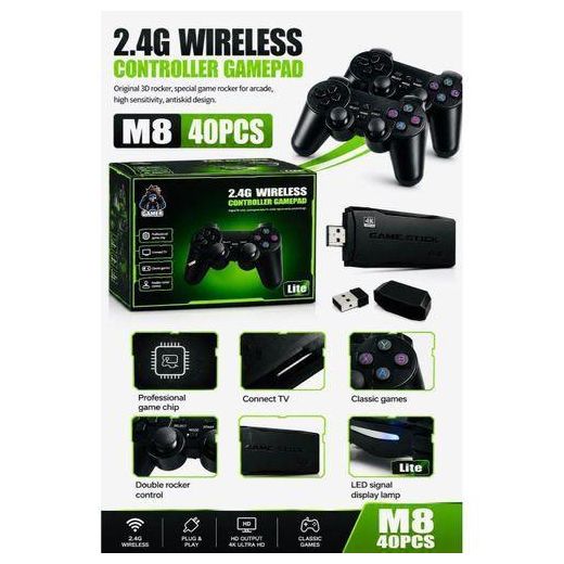 Generic M8 4K Retro Game Stick console set 2.4G wireless controller gamepad with 3D rocker design, specialized arcade-style buttons, high sensitivity, and an antiskid surface